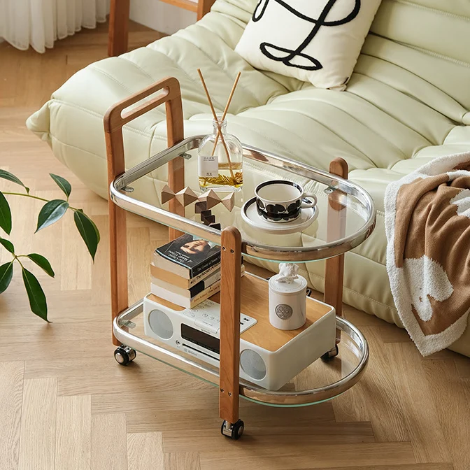 Modern Minimalist Removable Oval Rubberwood Glass Stainless Steel Side Table 2-Tier For Living Room