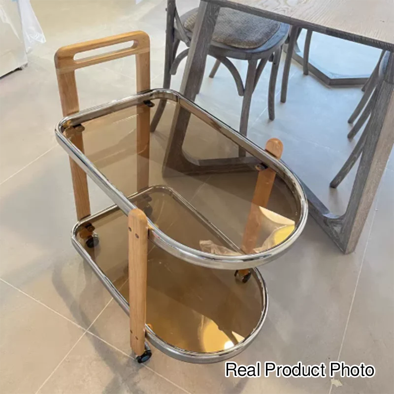 Modern Minimalist Removable Oval Rubberwood Glass Stainless Steel Side Table 2-Tier For Living Room