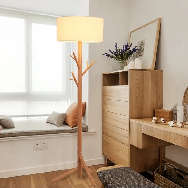 Traditional Japanese Twig Shaped Round Cylinder Wood Fabric 1-Light Standing Floor Lamp For Living Room
