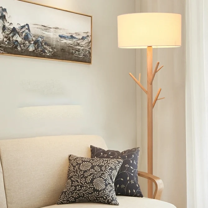 Traditional Japanese Twig Shaped Round Cylinder Wood Fabric 1-Light Standing Floor Lamp For Living Room