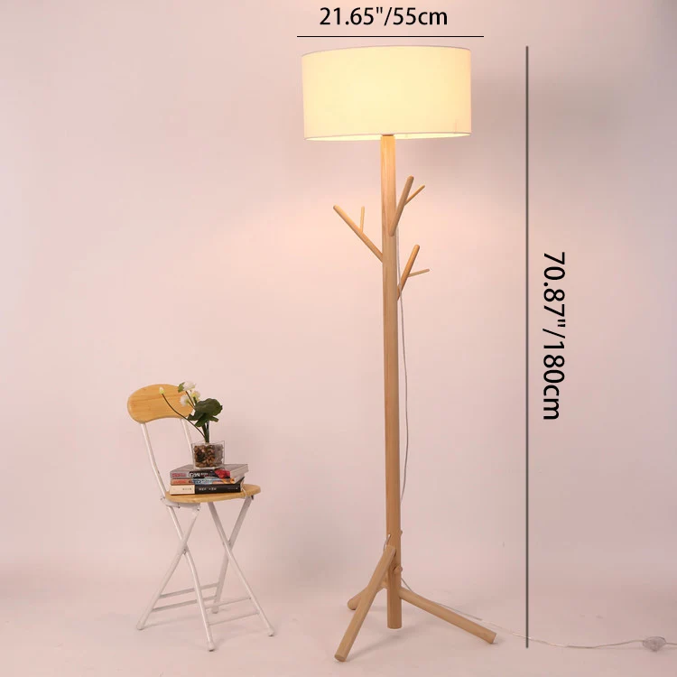 Traditional Japanese Twig Shaped Round Cylinder Wood Fabric 1-Light Standing Floor Lamp For Living Room
