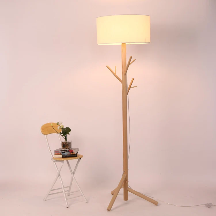 Traditional Japanese Twig Shaped Round Cylinder Wood Fabric 1-Light Standing Floor Lamp For Living Room