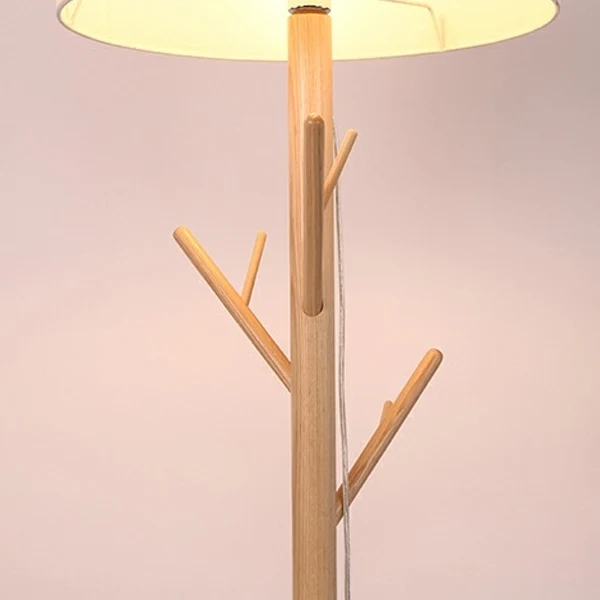 Traditional Japanese Twig Shaped Round Cylinder Wood Fabric 1-Light Standing Floor Lamp For Living Room