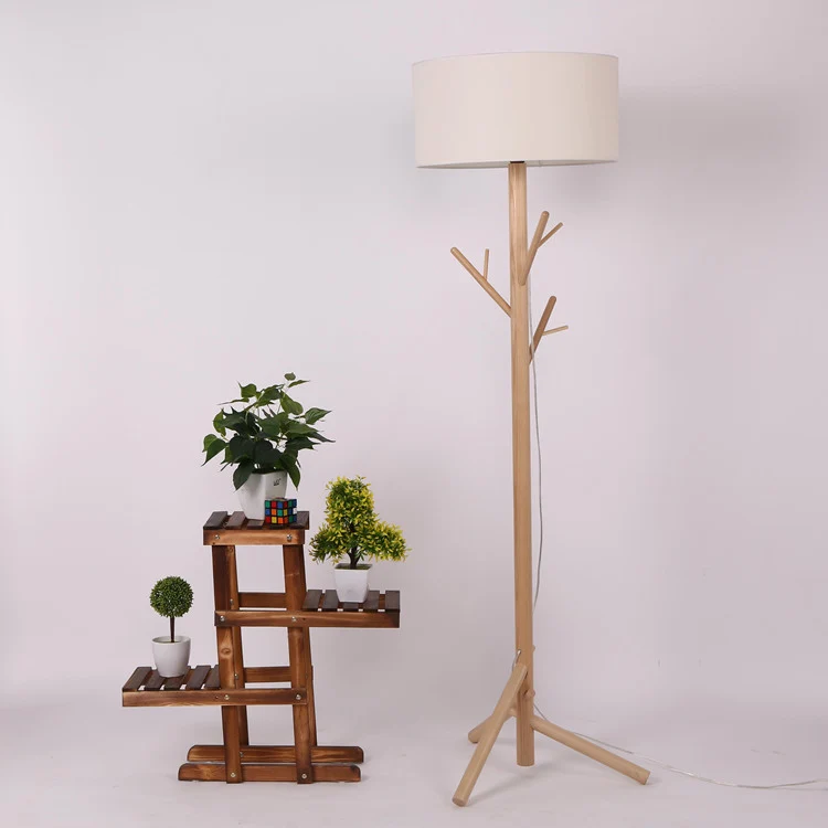 Traditional Japanese Twig Shaped Round Cylinder Wood Fabric 1-Light Standing Floor Lamp For Living Room