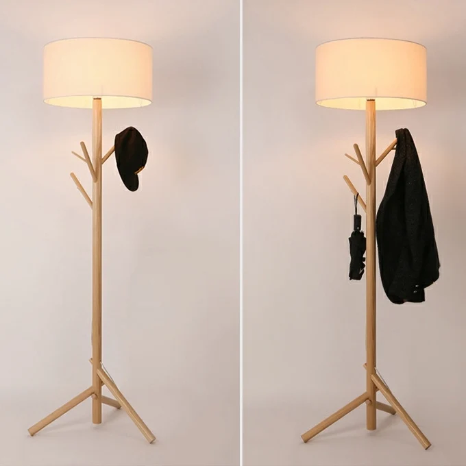 Traditional Japanese Twig Shaped Round Cylinder Wood Fabric 1-Light Standing Floor Lamp For Living Room