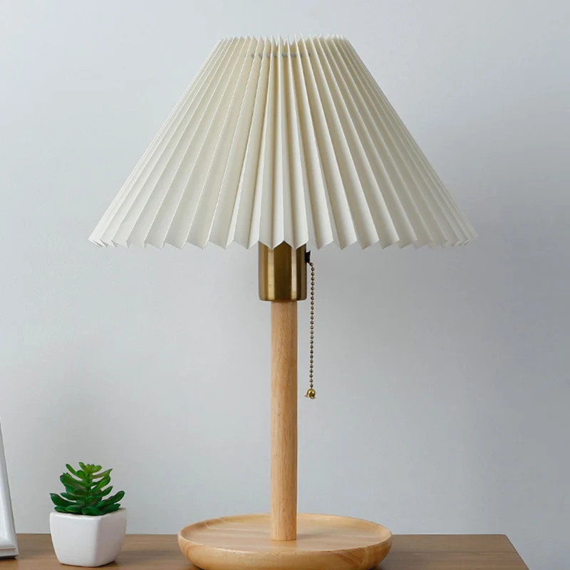 Contemporary Retro Cone Solid Wood Fabric 1-Light Table Lamp For Bedroom