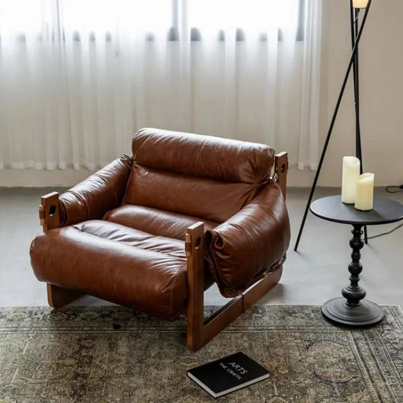 Contemporary Retro Oil Wax Leather Microfiber Leather Genuine Leather Rubberwood Square Accent Chair Backrest Armrest For Living Room
