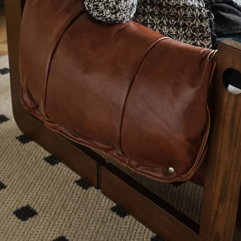 Contemporary Retro Oil Wax Leather Microfiber Leather Genuine Leather Rubberwood Square Accent Chair Backrest Armrest For Living Room