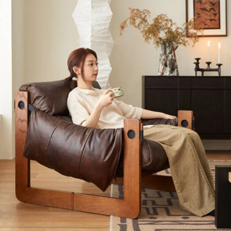 Contemporary Retro Oil Wax Leather Microfiber Leather Genuine Leather Rubberwood Square Accent Chair Backrest Armrest For Living Room