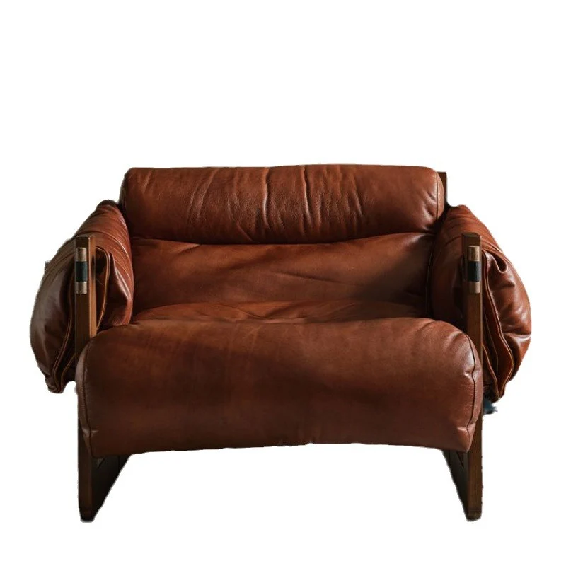 Contemporary Retro Oil Wax Leather Microfiber Leather Genuine Leather Rubberwood Square Accent Chair Backrest Armrest For Living Room
