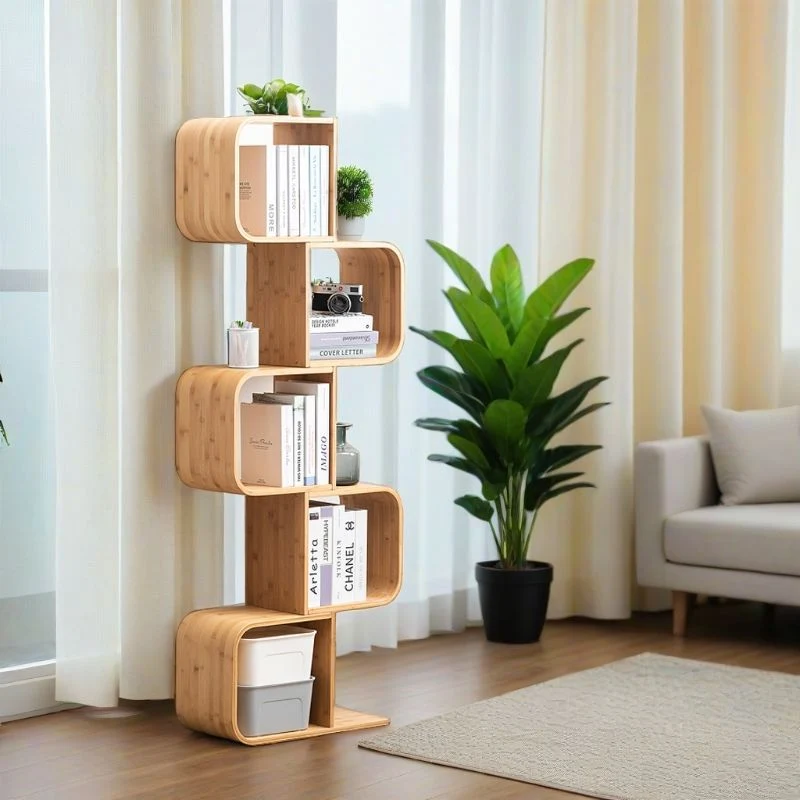 Modern Simplicity Bamboo Curved S-Shaped Square Bookshelves 2/3/4/5 Tiers For Living Room