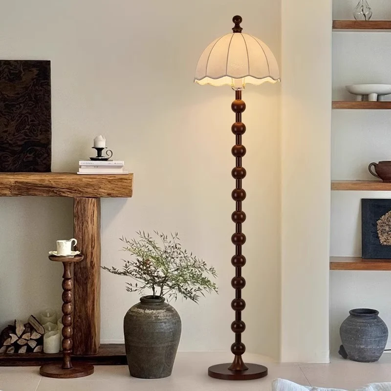 Traditional French Printed Fabric Round Shade Solid Wood Base 1-Light Standing Floor Lamp For Living Room