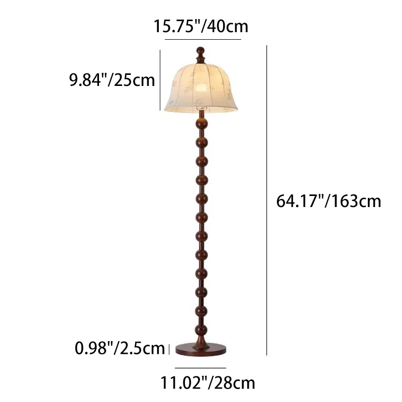 Traditional French Printed Fabric Round Shade Solid Wood Base 1-Light Standing Floor Lamp For Living Room