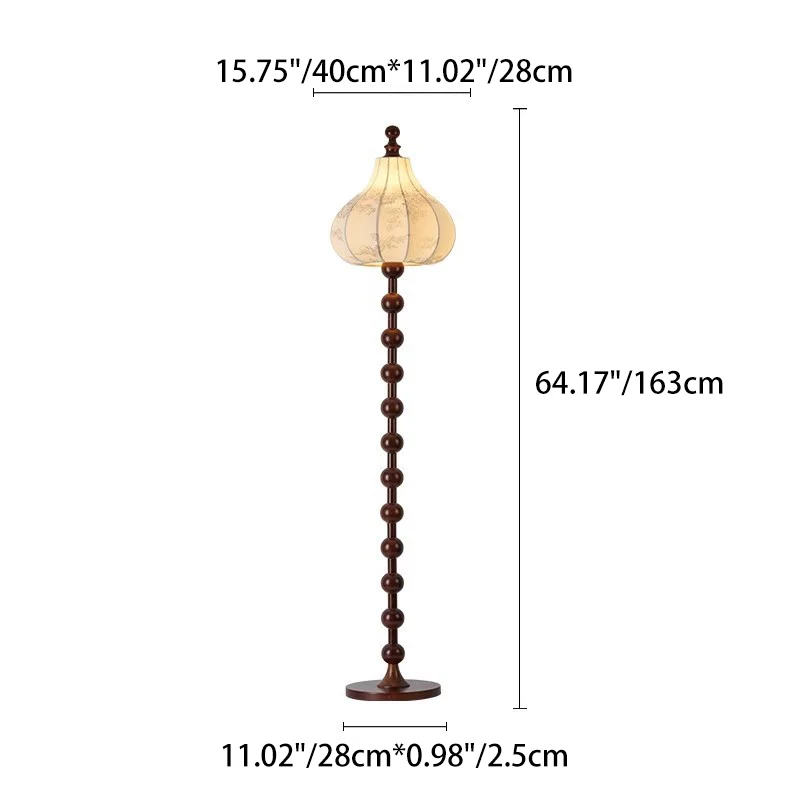 Traditional French Printed Fabric Round Shade Solid Wood Base 1-Light Standing Floor Lamp For Living Room