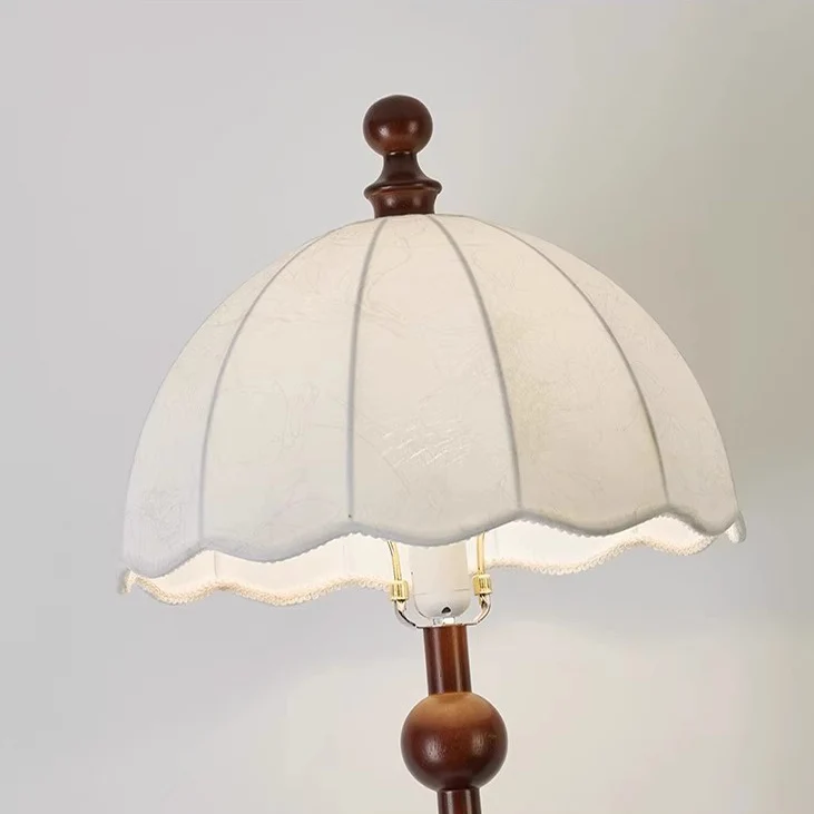 Traditional French Printed Fabric Round Shade Solid Wood Base 1-Light Standing Floor Lamp For Living Room