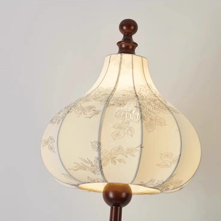 Traditional French Printed Fabric Round Shade Solid Wood Base 1-Light Standing Floor Lamp For Living Room