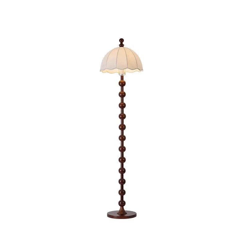Traditional French Printed Fabric Round Shade Solid Wood Base 1-Light Standing Floor Lamp For Living Room