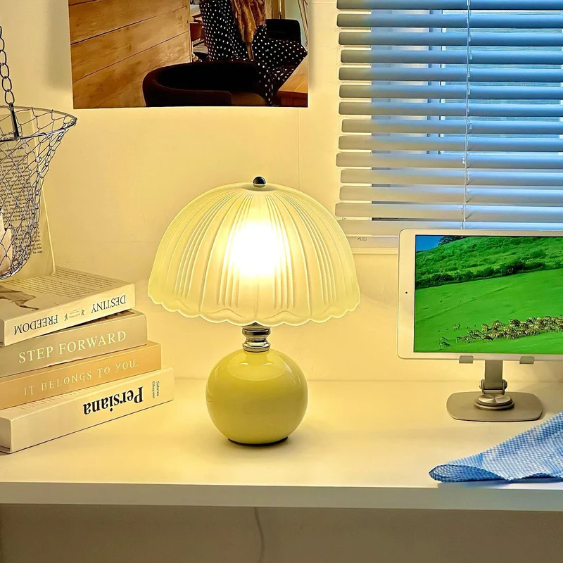 Modern Art Deco Ceramic & Frosted Glass Petal Shade 1-Light Table Lamp For Bedroom & Living Room