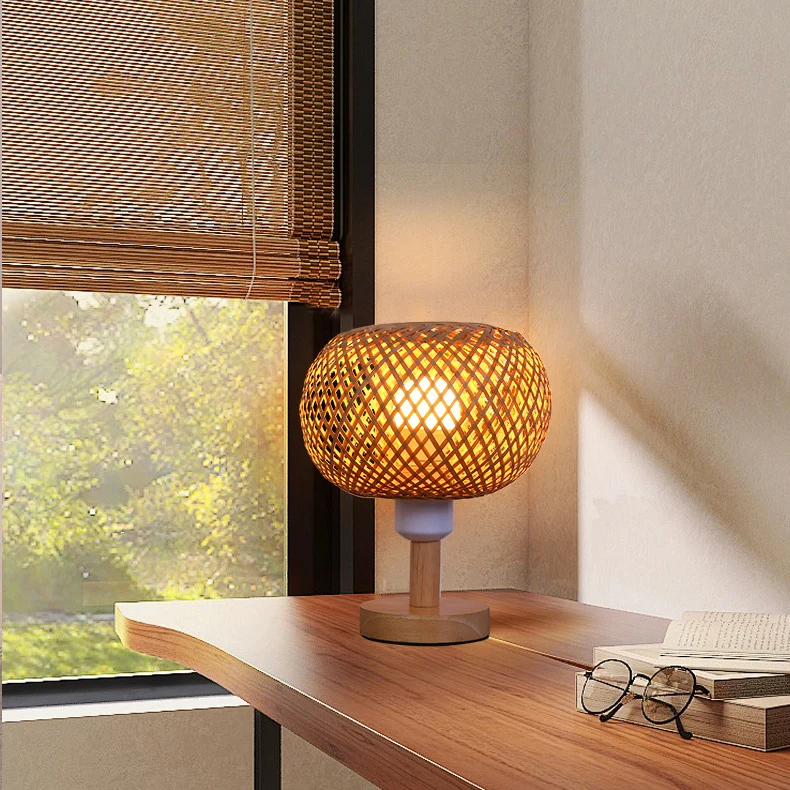 Traditional Rustic Wood & Bamboo Hollow Woven Round 1-Light Table Lamp For Bedroom & Living Room