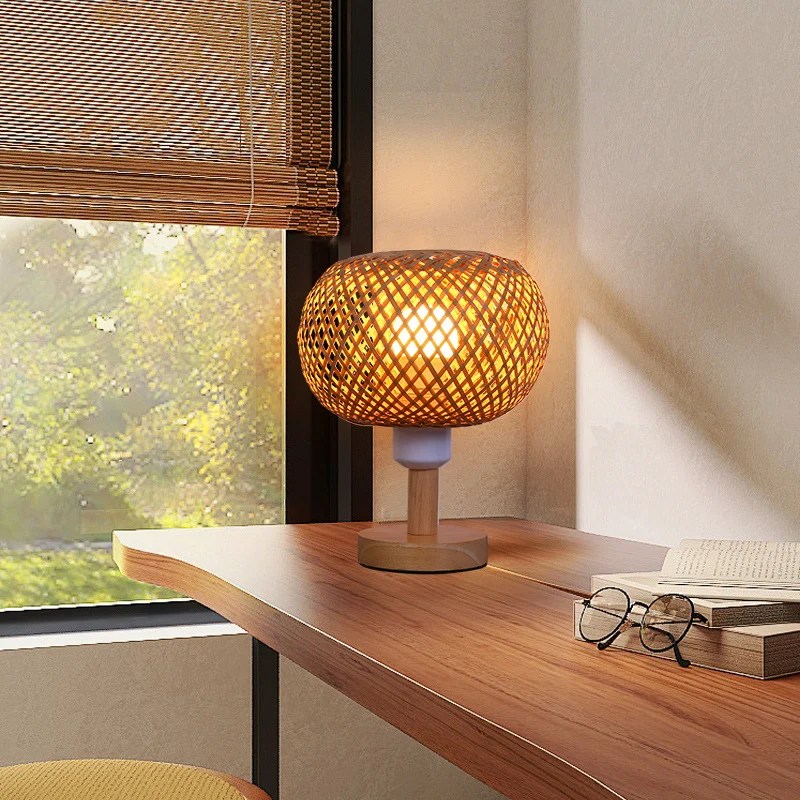 Traditional Rustic Wood & Bamboo Hollow Woven Round 1-Light Table Lamp For Bedroom & Living Room