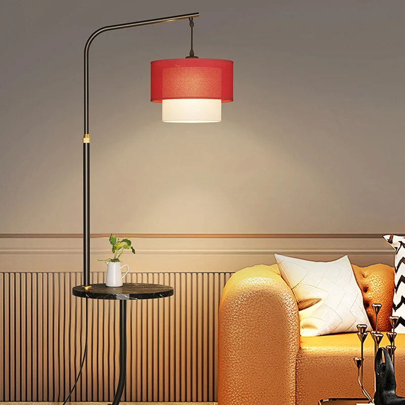 Contemporary Nordic Iron Base Marble Table Round Fabric Lampshade 1 - Light Standing Floor Lamp For Living Room