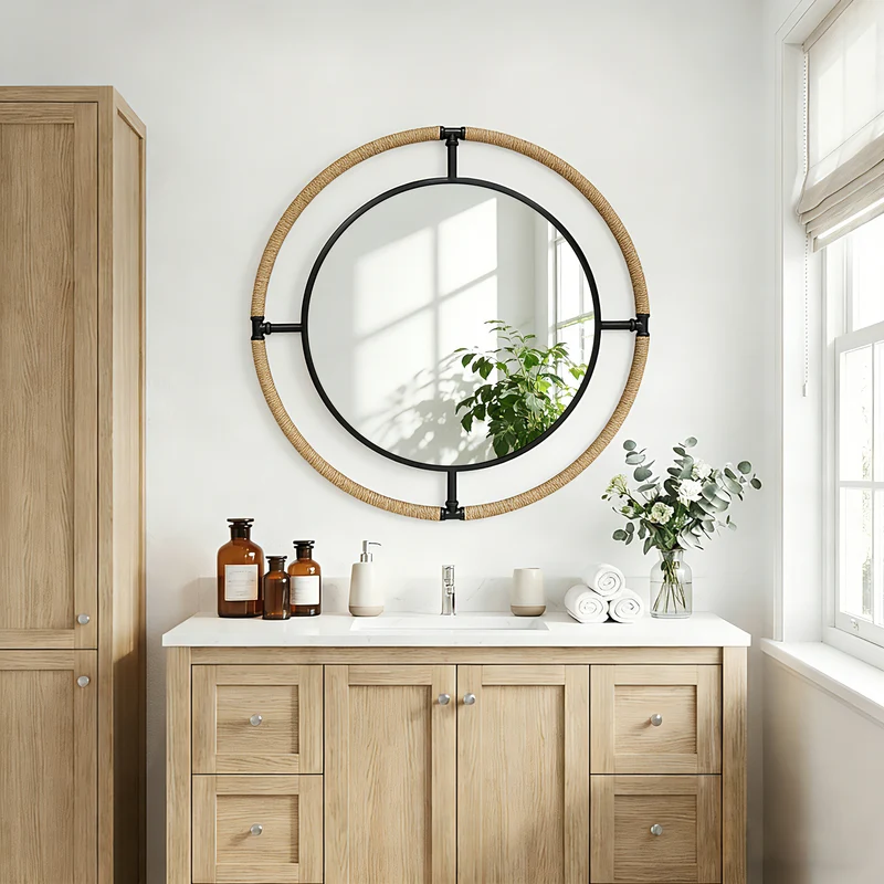 31.5'' Farmhouse Round Mirror, Large Rustic Round Wall Mirror with Hemp Rope