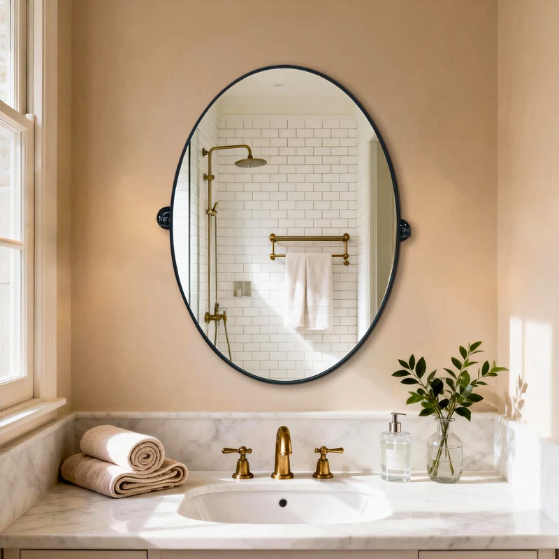 Modern Matte Black Oval Pivot Mirror – Adjustable Tilting Bathroom Vanity Wall Mirror