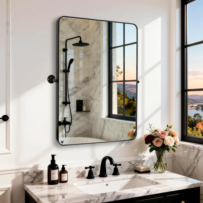 Black Framed Pivot Bathroom Mirror, Adjustable Tilt Wall Mirror