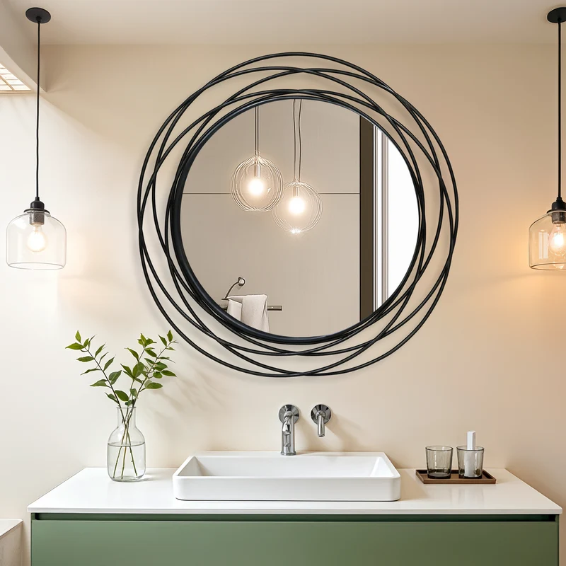 31.5in Large Round Decorative Mirrors, Metal Wire Frame Wall Mirror, Black & Gold