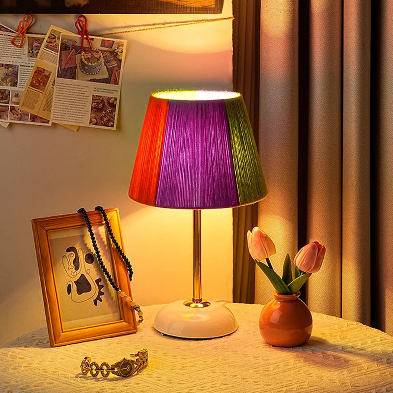 Contemporary Nordic Trapezoid Colorful Wool Yarn Lampshade Iron Base 1 - Light Table Lamp For Bedroom