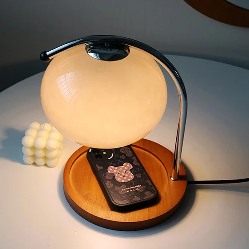 Contemporary Nordic Hemispherical Glass Lampshade Round Solid Wood Base Lampshade Iron 1 - Light Melting Wax Table Lamp For Bedroom