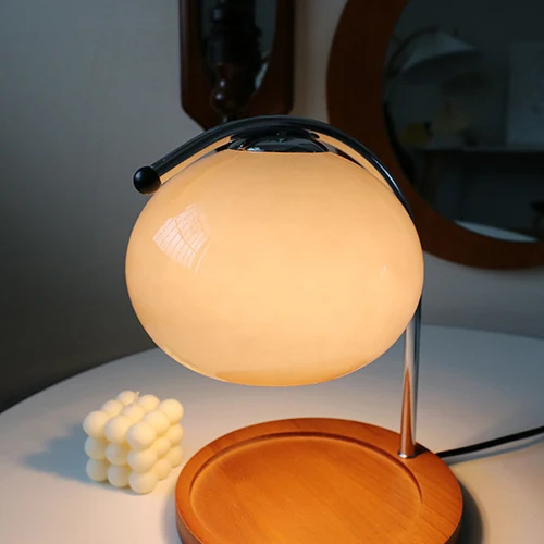 Contemporary Nordic Hemispherical Glass Lampshade Round Solid Wood Base Lampshade Iron 1 - Light Melting Wax Table Lamp For Bedroom