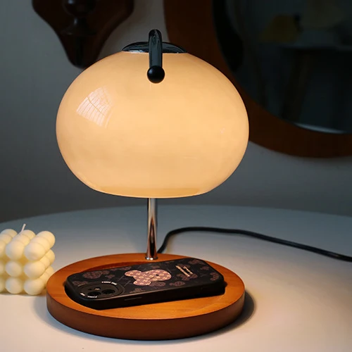 Contemporary Nordic Hemispherical Glass Lampshade Round Solid Wood Base Lampshade Iron 1 - Light Melting Wax Table Lamp For Bedroom