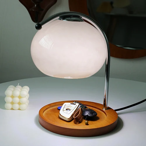 Contemporary Nordic Hemispherical Glass Lampshade Round Solid Wood Base Lampshade Iron 1 - Light Melting Wax Table Lamp For Bedroom