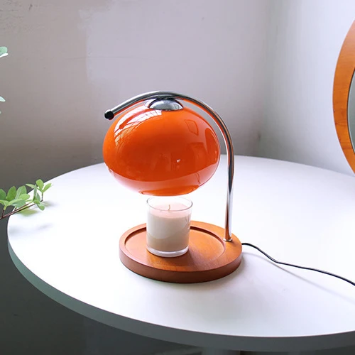 Contemporary Nordic Hemispherical Glass Lampshade Round Solid Wood Base Lampshade Iron 1 - Light Melting Wax Table Lamp For Bedroom