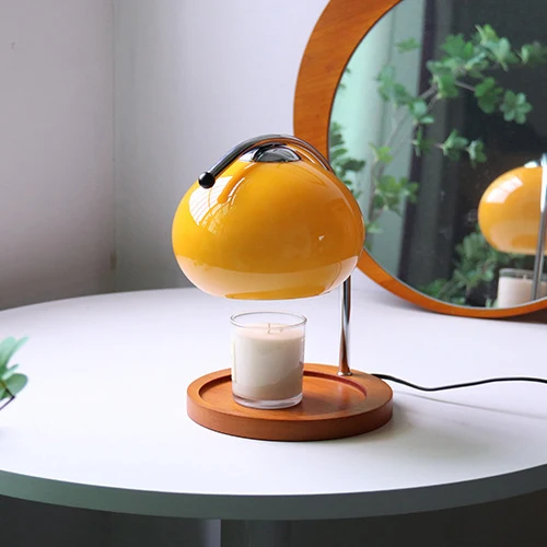 Contemporary Nordic Hemispherical Glass Lampshade Round Solid Wood Base Lampshade Iron 1 - Light Melting Wax Table Lamp For Bedroom