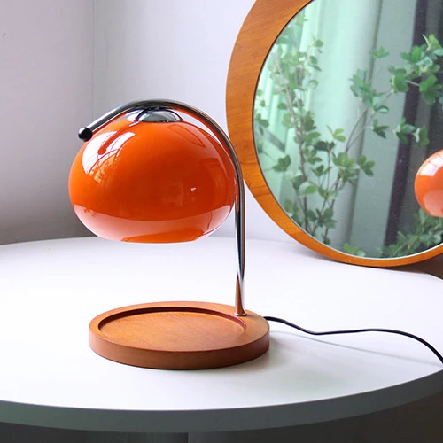 Contemporary Nordic Hemispherical Glass Lampshade Round Solid Wood Base Lampshade Iron 1 - Light Melting Wax Table Lamp For Bedroom