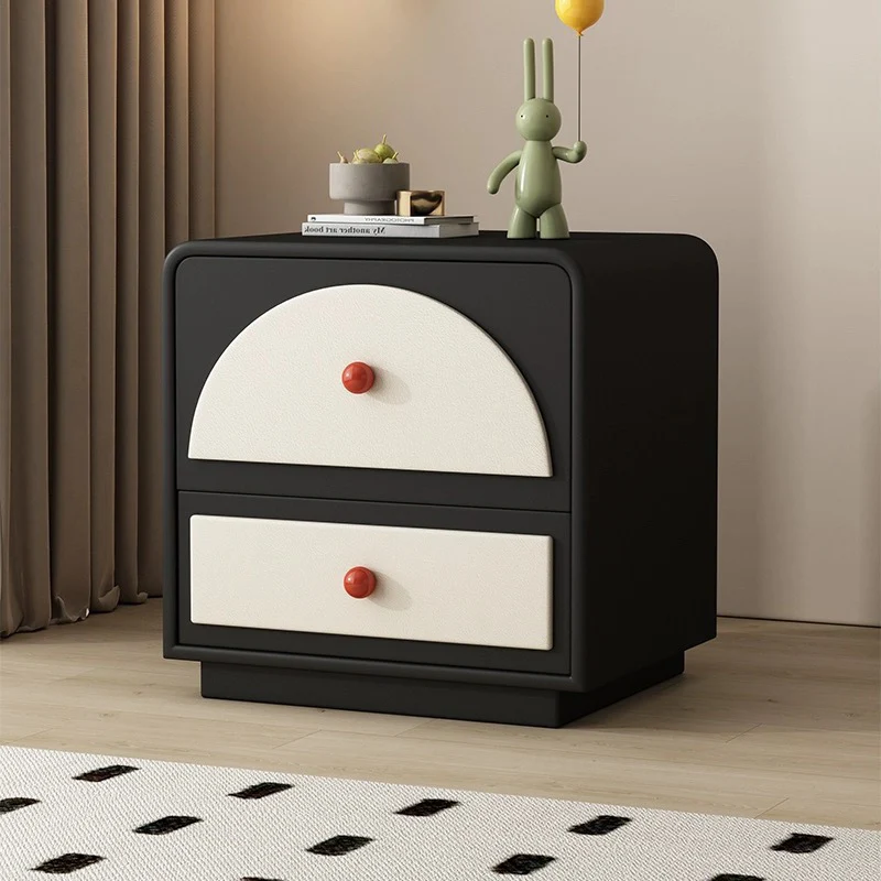 Contemporary Nordic Rectangular Plywood Faux Leather Nightstand 2-Drawer For Bedroom