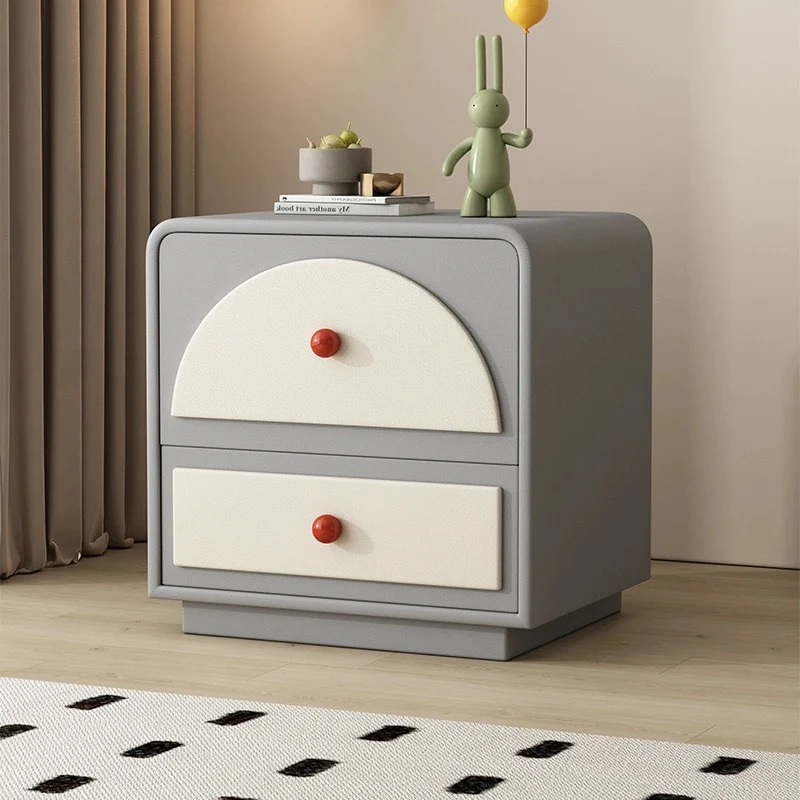 Contemporary Nordic Rectangular Plywood Faux Leather Nightstand 2-Drawer For Bedroom