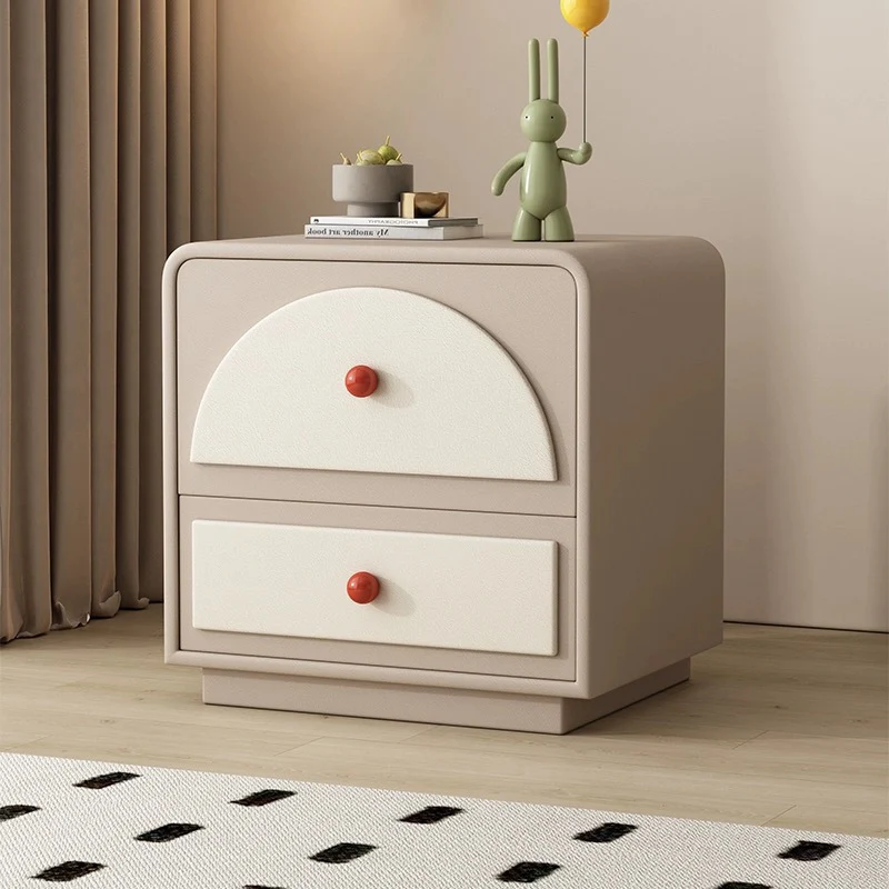 Contemporary Nordic Rectangular Plywood Faux Leather Nightstand 2-Drawer For Bedroom