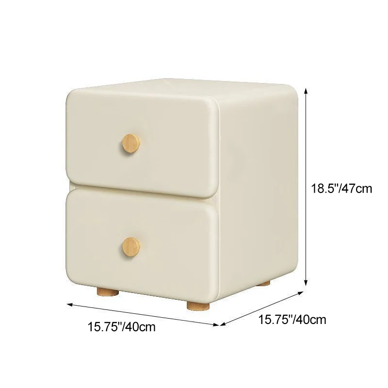 Modern Minimalist Cream Rectangle Square Organic Leather Solid Wood & Plywood Nightstand 2-Drawer For Bedroom