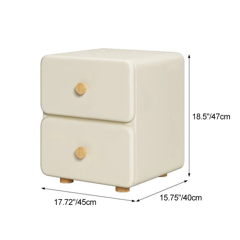 Modern Minimalist Cream Rectangle Square Organic Leather Solid Wood & Plywood Nightstand 2-Drawer For Bedroom