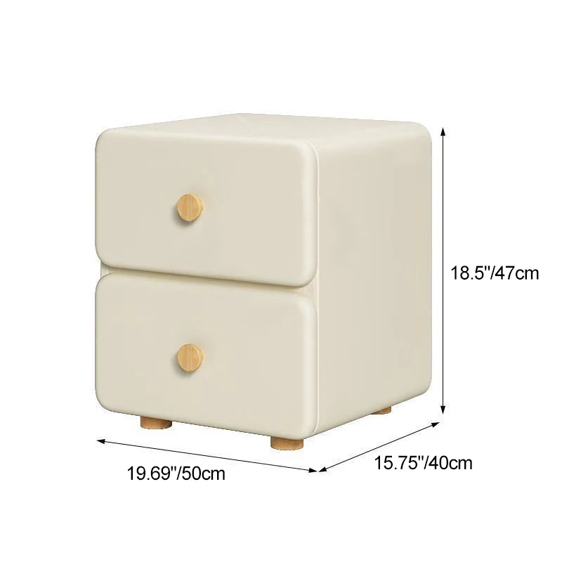 Modern Minimalist Cream Rectangle Square Organic Leather Solid Wood & Plywood Nightstand 2-Drawer For Bedroom