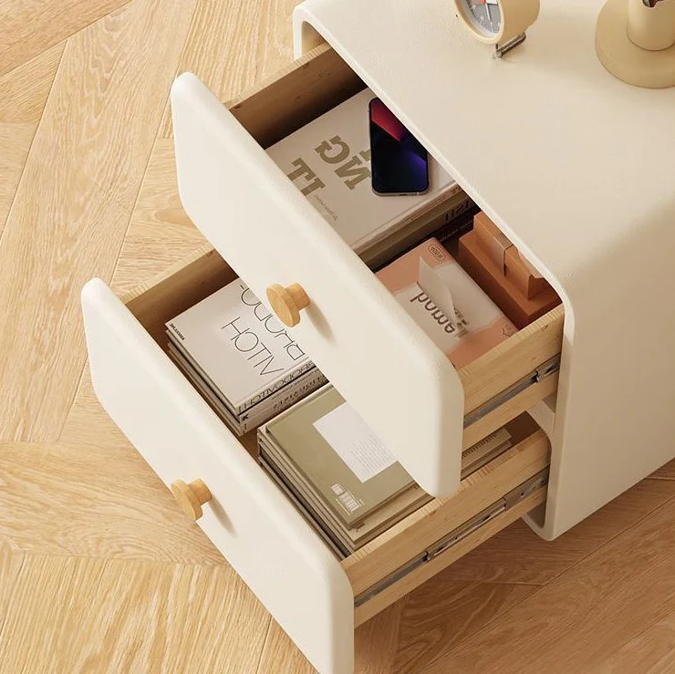 Modern Minimalist Cream Rectangle Square Organic Leather Solid Wood & Plywood Nightstand 2-Drawer For Bedroom