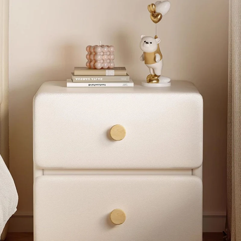 Modern Minimalist Cream Rectangle Square Organic Leather Solid Wood & Plywood Nightstand 2-Drawer For Bedroom