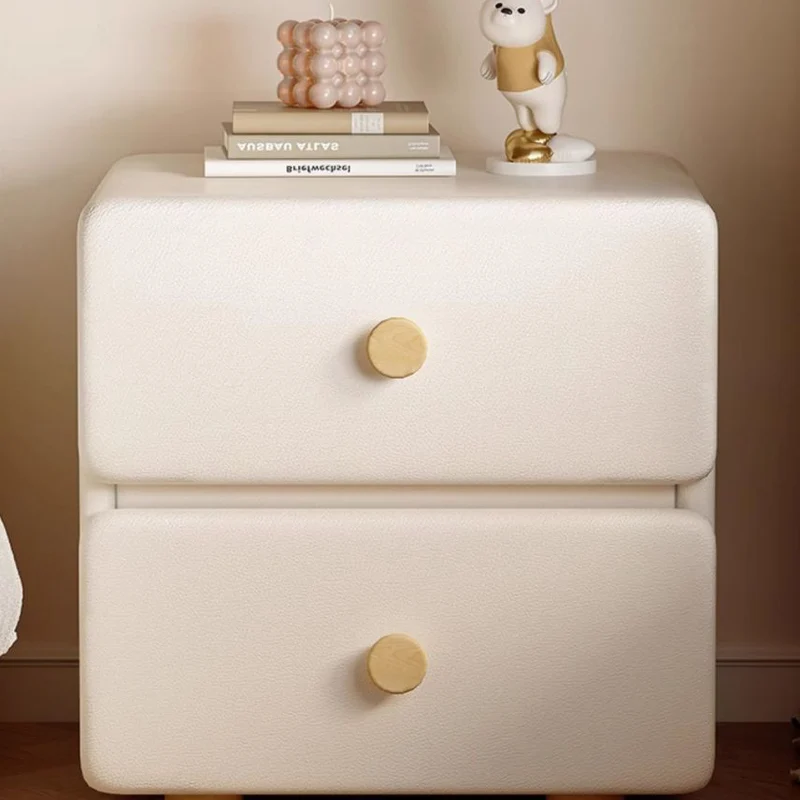 Modern Minimalist Cream Rectangle Square Organic Leather Solid Wood & Plywood Nightstand 2-Drawer For Bedroom