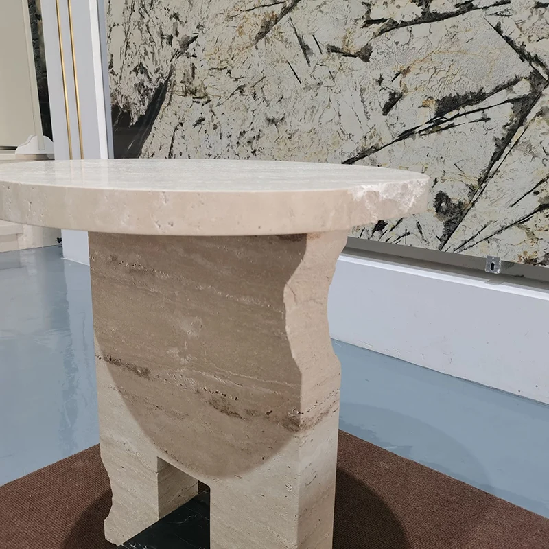 Traditional Chinese Round Long Marble Stone End Table 1-Tier For Living Room