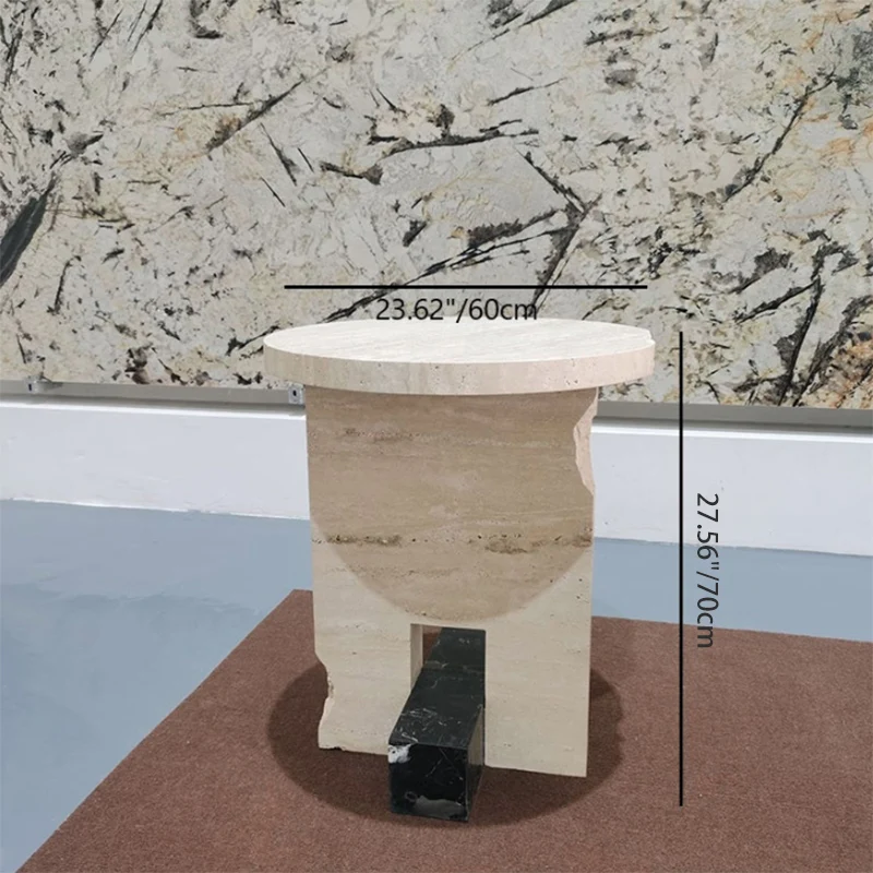 Traditional Chinese Round Long Marble Stone End Table 1-Tier For Living Room