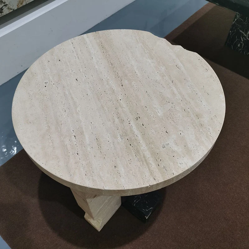 Traditional Chinese Round Long Marble Stone End Table 1-Tier For Living Room