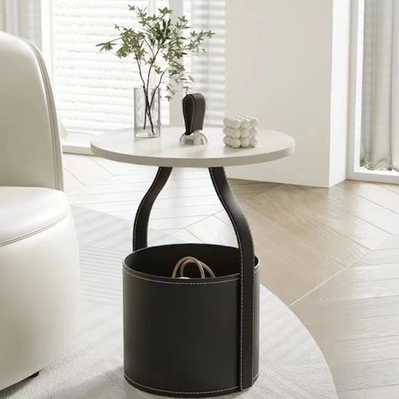 Contemporary Scandinavian Round Cylinder Drum Stainless Steel Sheet Saddle-Style Faux Leather Metal End Table 1-Tier For Living Room